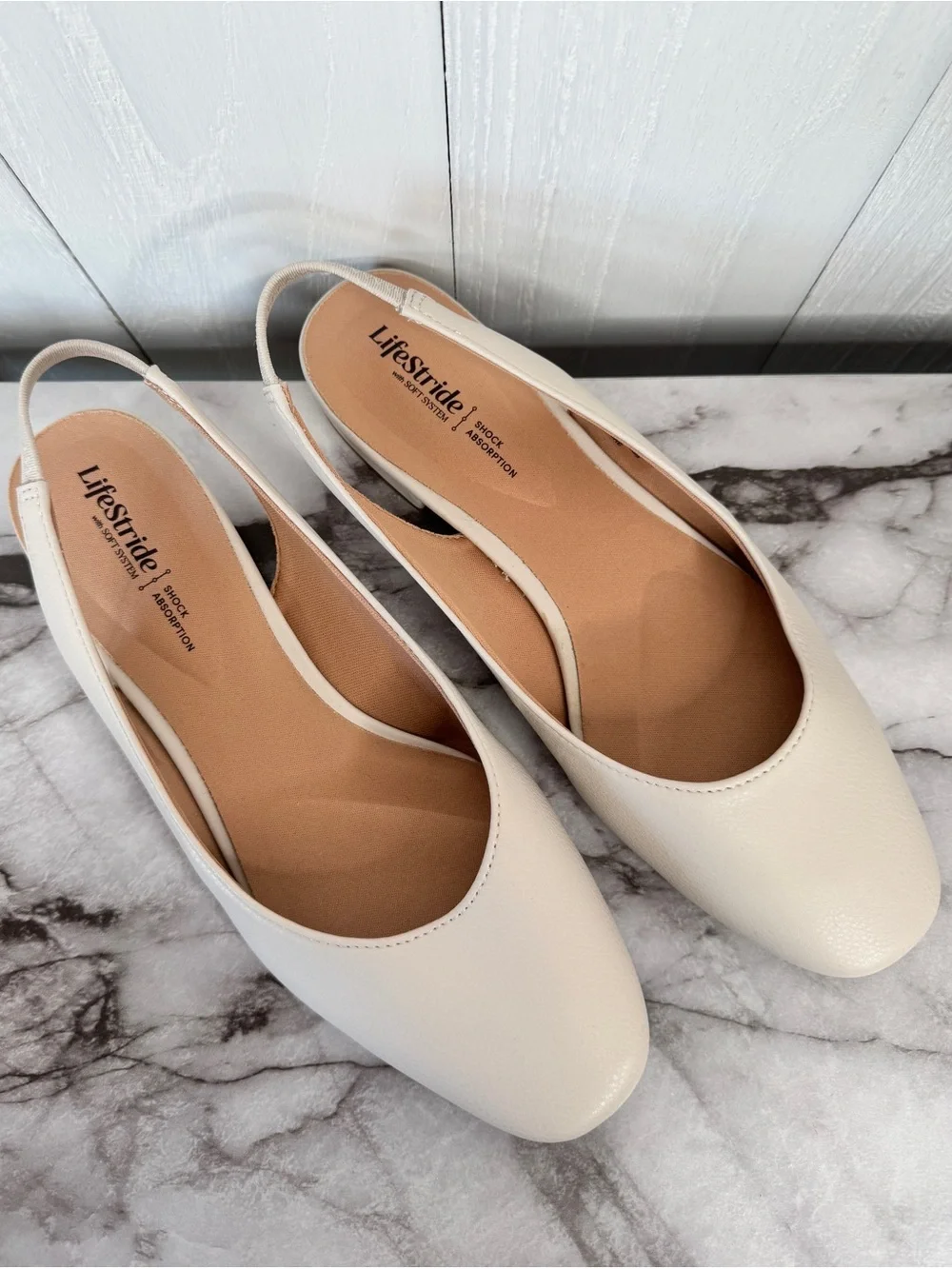 Life Stride Cream Slingback Flats - Women's Soft Leather-Look